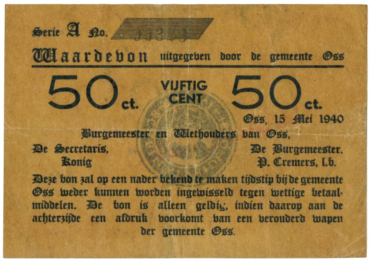 Nederland. 50 cent. Waardebon. Type 1940. Type Oss. - Zeer Fraai.