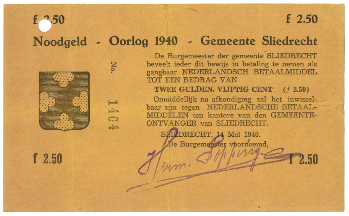 Nederland. 2½ gulden. Noodgeld. Type 1940. Type Sliedrecht. - Zeer Fraai +.