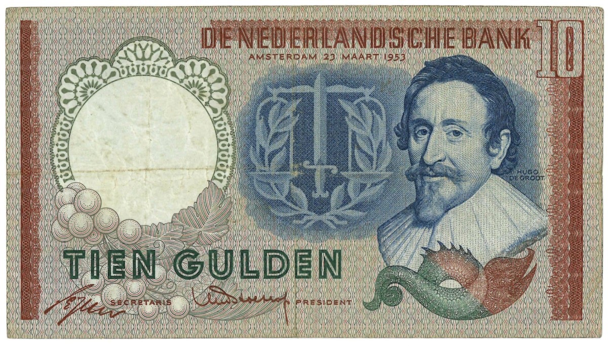 Nederland. 10 gulden. Bankbiljet. Type 1953. Type Hugo de Groot. - Fraai +.