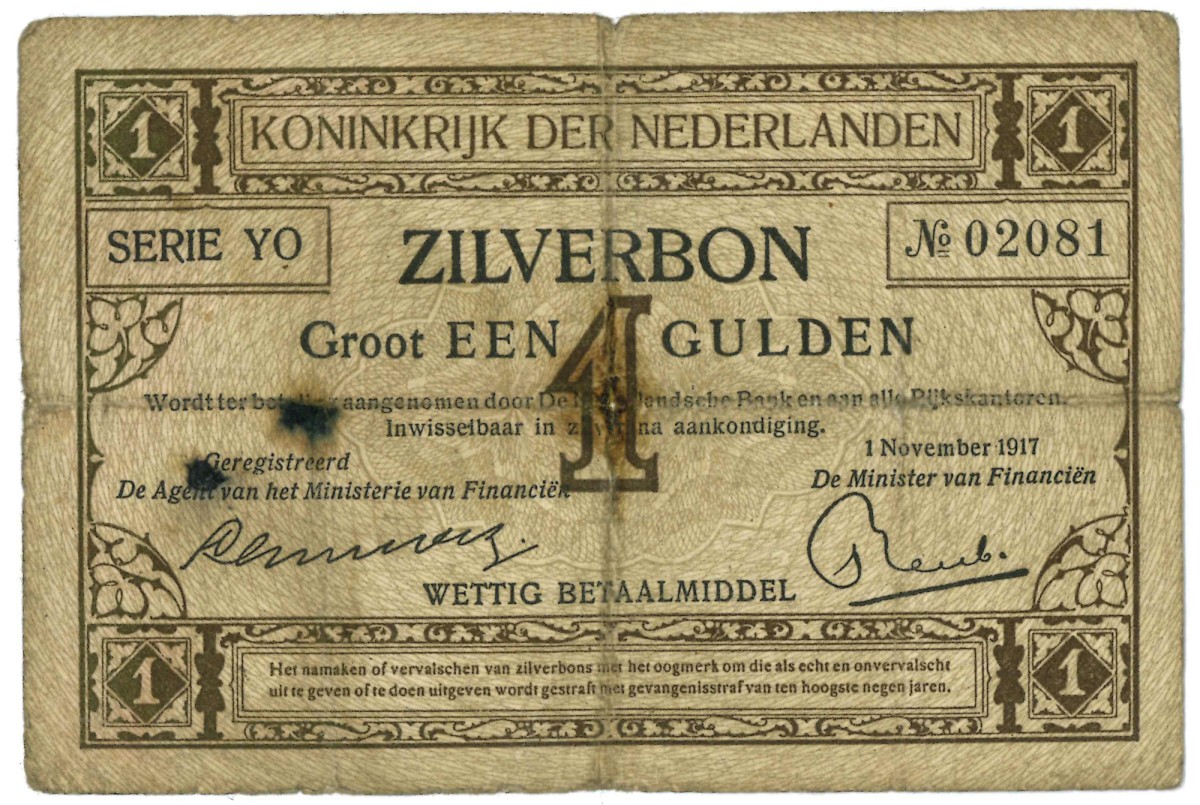 Nederland. 1 gulden. Zilverbon. Type 1917. - Zeer Goed.