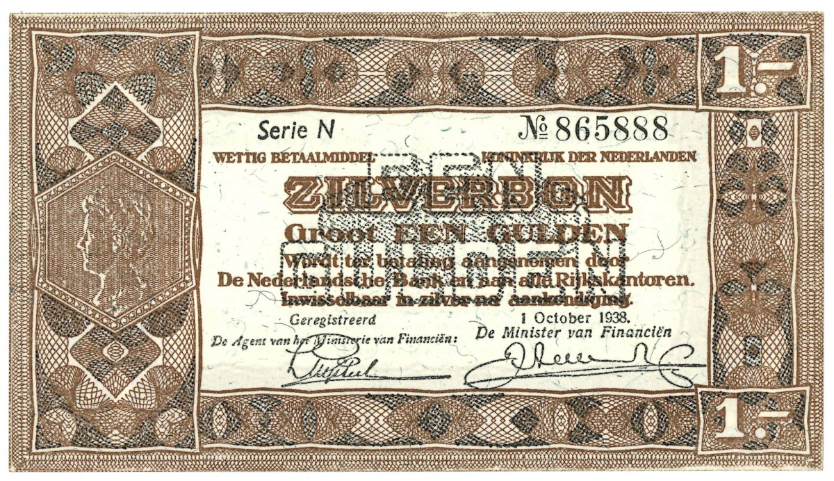 Nederland. 1 gulden. Zilverbon. Type 1938. - Nagenoeg UNC.