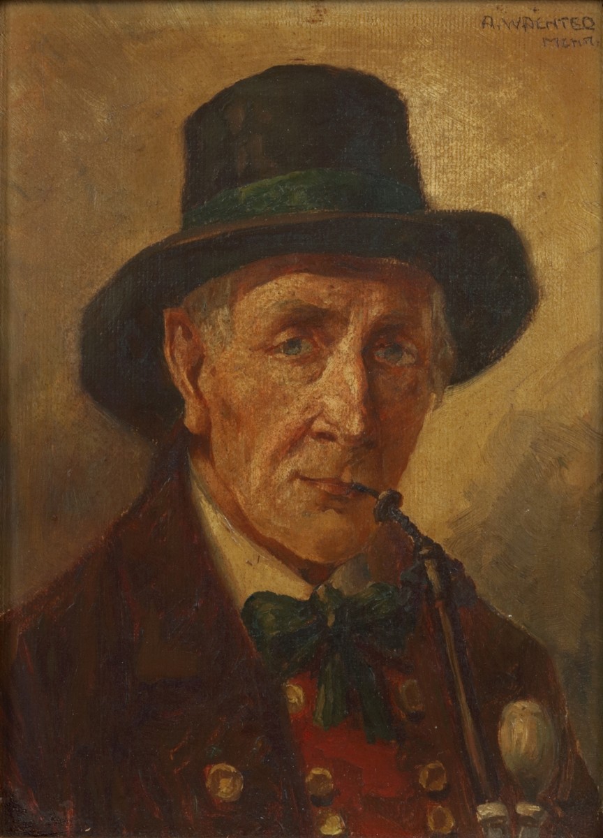 Albert Wachter (XIX/XX), Man met pijp  in Zuid Duits kostuum.