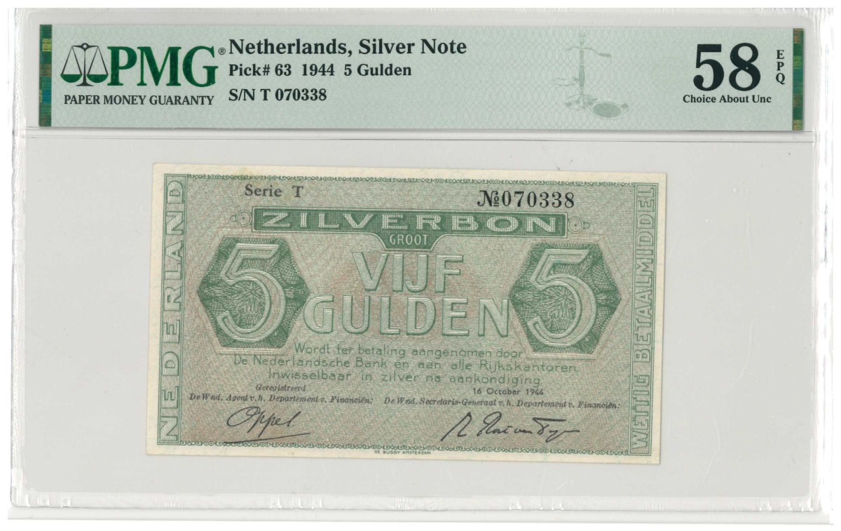 Nederland. 5 gulden. Zilverbon. Type 1944. - Nagenoeg UNC.