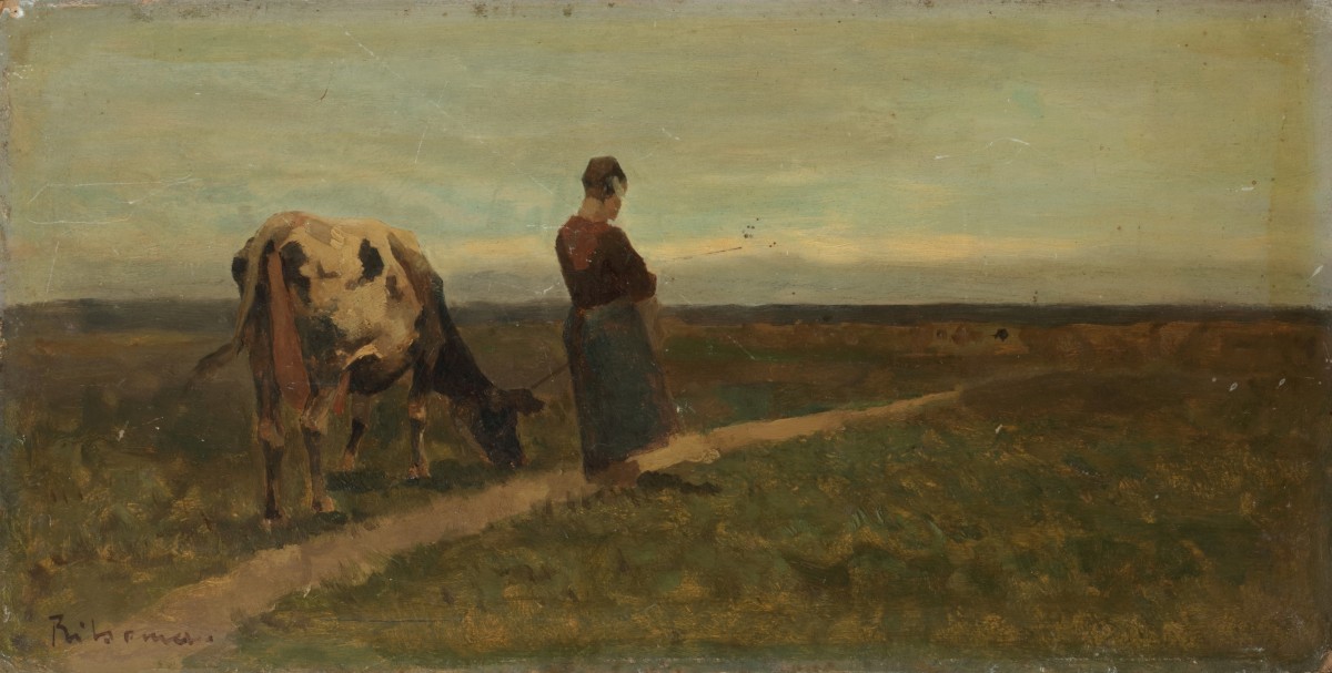 Jacob Ritsema (Haarlem 1869 - 1943 Laren), Een koehoedster met vee op een zandpad in het duin.