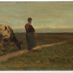 Jacob Ritsema (Haarlem 1869 - 1943 Laren), Een koehoedster met vee op een zandpad in het duin.