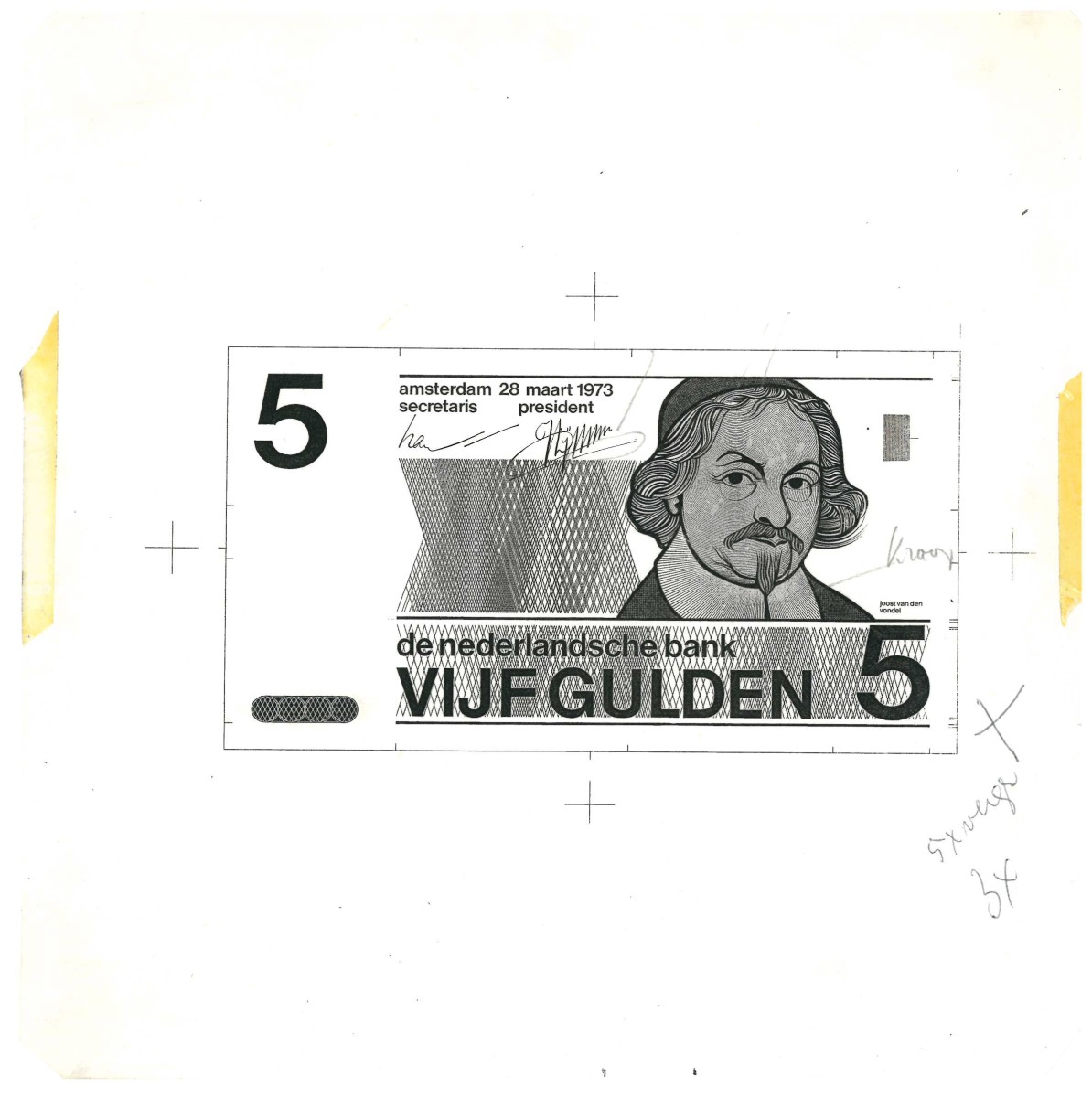 Nederland. 5 gulden. Proefdruk. Type 1973. Type Vondel II. - UNC.