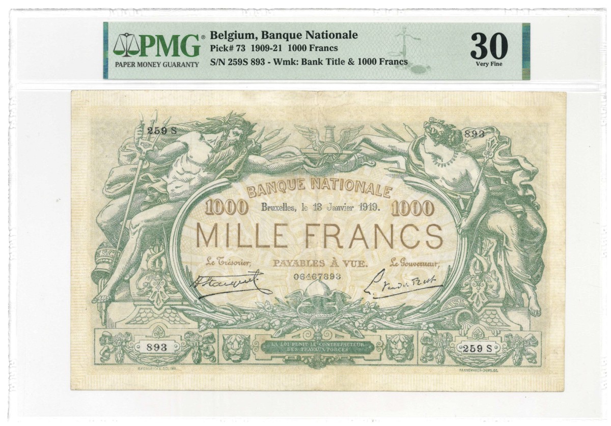 Belgium. 1000 francs. Banknote. Type 1909-1921. - Very fine.
