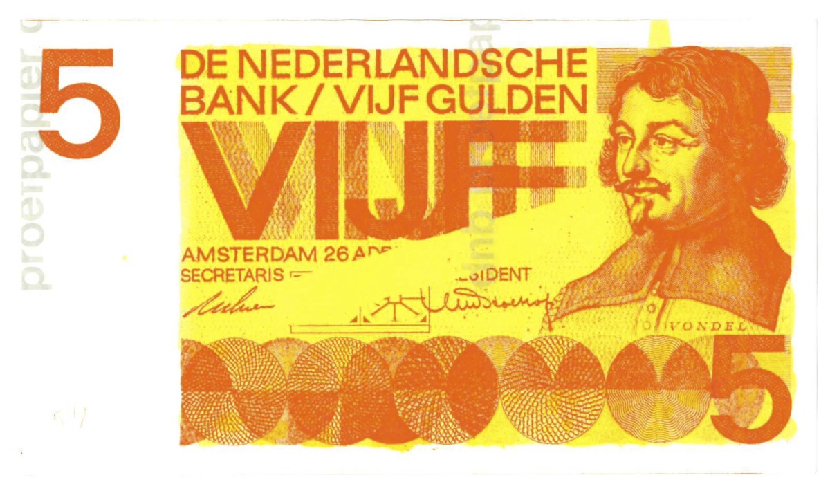 Nederland. 5 gulden. Proefdruk. Type 1966. Type Vondel I. - UNC.