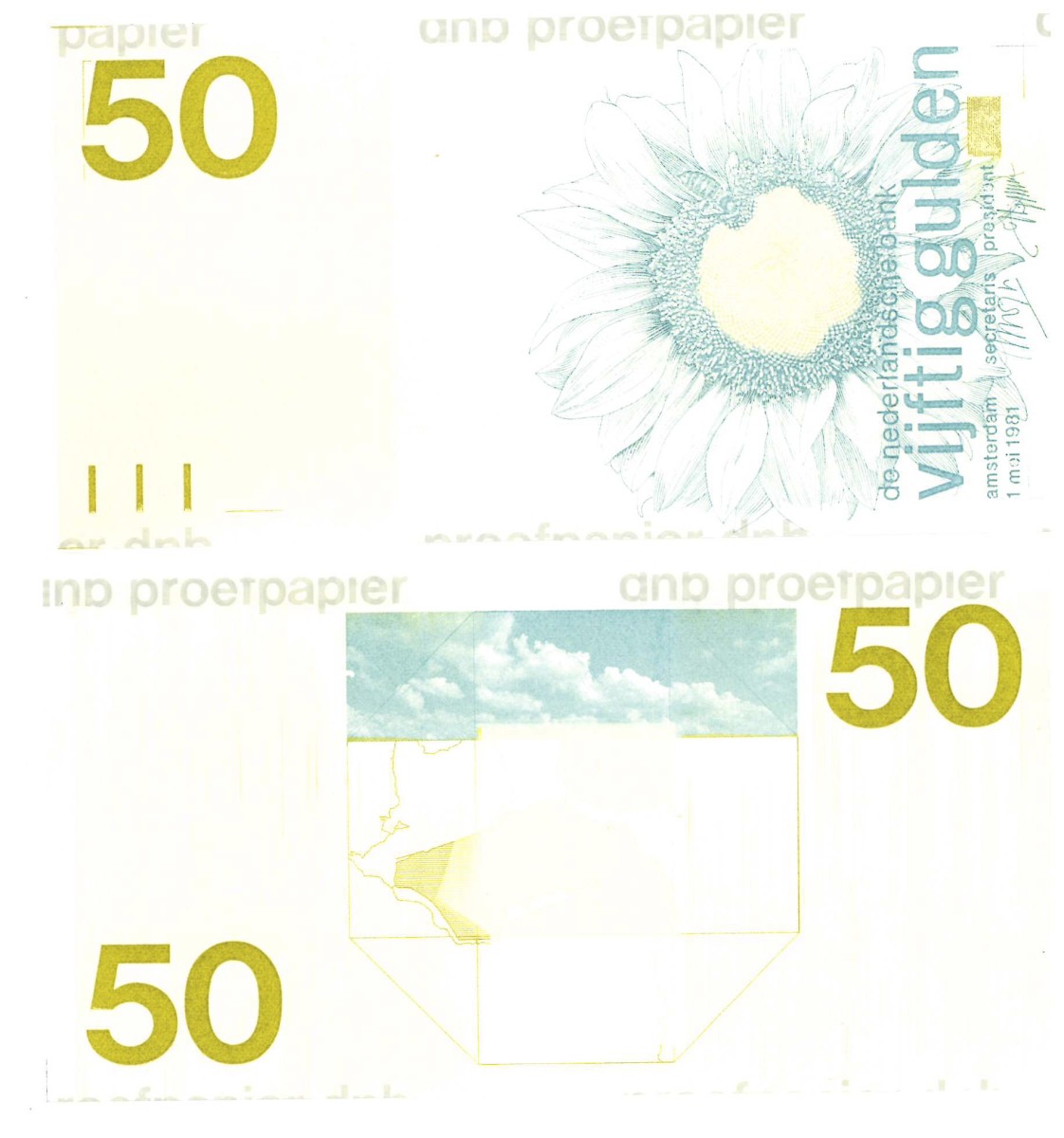 Nederland. 50 gulden. Proefdruk. Type 1982. Type Zonnebloem. - UNC.