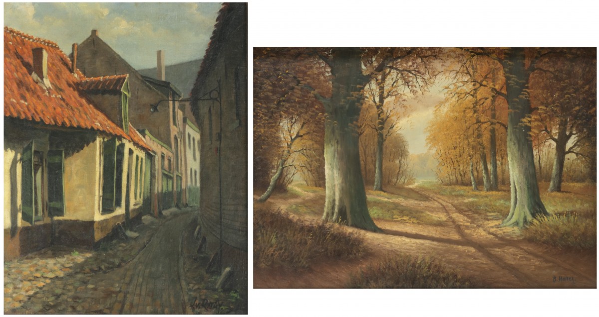 Hollandse School, 20e eeuw, een straatje in een stad; een bos laan in de herfst (2x).
