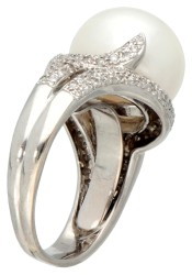 18K Witgouden ring met Zuidzeeparel en diamanten. 