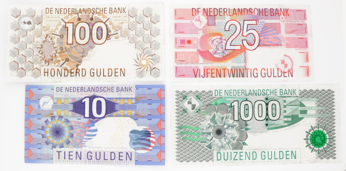 Nederland. 10/25/100/1000 gulden. Bankbiljet. Type 1989-1997. Type IJsvogel/Roodborstje/Steenuil/Kievit. - Zeer Fraai +.