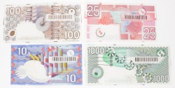 Nederland. 10/25/100/1000 gulden. Bankbiljet. Type 1989-1997. Type IJsvogel/Roodborstje/Steenuil/Kievit. - Zeer Fraai +.