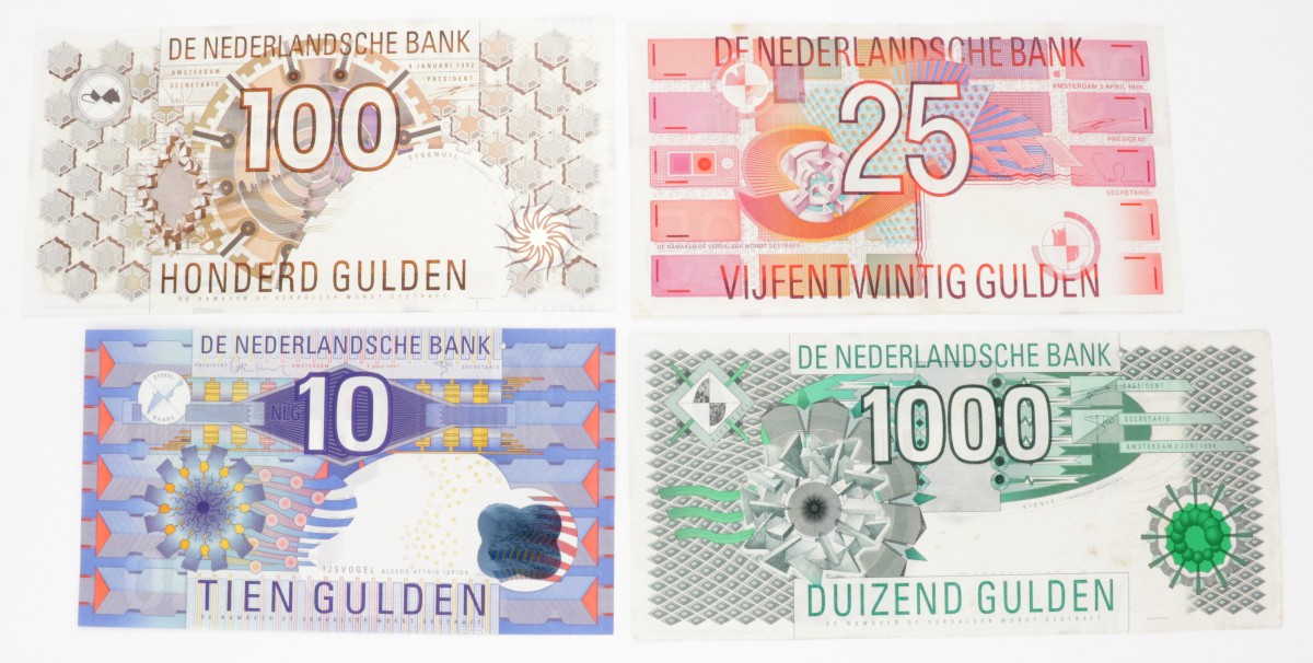 Nederland. 10/25/100/1000. Bankbiljet. Type 1989-1997. Type IJsvogel/Roodborstje/Steenuil/Kievit. - Zeer Fraai +.