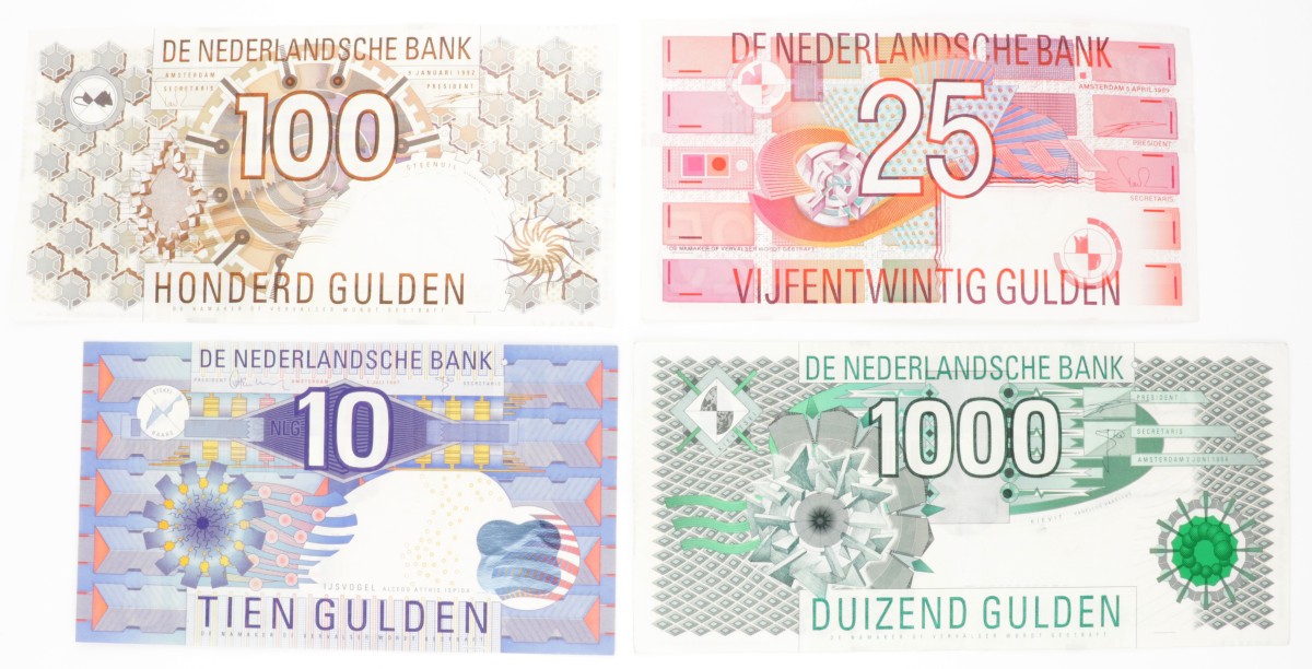 Nederland. 10/25/100/1000. Bankbiljet. Type 1989-1997. Type IJsvogel/Roodborstje/Steenuil/Kievit. - Zeer Fraai +.