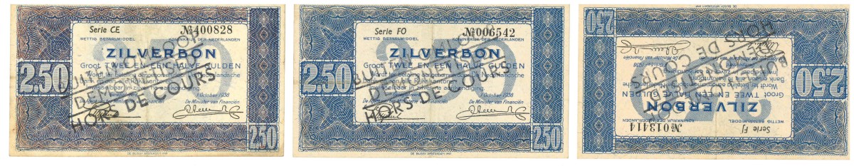 Nederland. 3x 2½ gulden. Zilverbon. Type 1938. - Zeer Fraai.