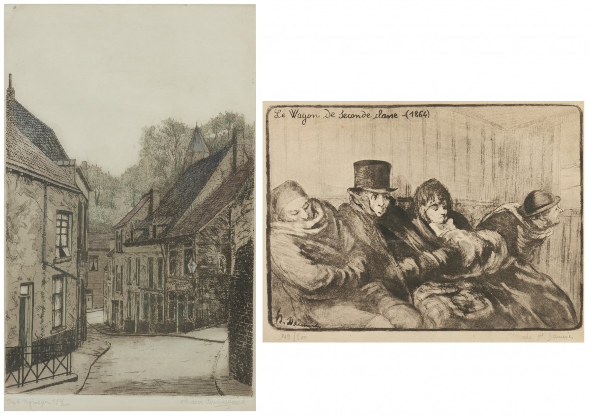 Een ets van Nijmegen en een litho naar Daumier. (2x)
