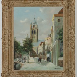 G.J. Dispo (1922 - 1973), Een stadsgezicht in Delft met de Oude Delft.