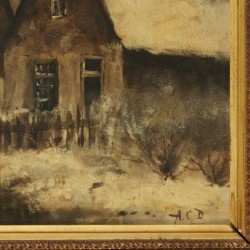 Gesigneerd met initialen ÁCD', Een winterlandschap met een houtsprokkelaar bij een boerderij.
