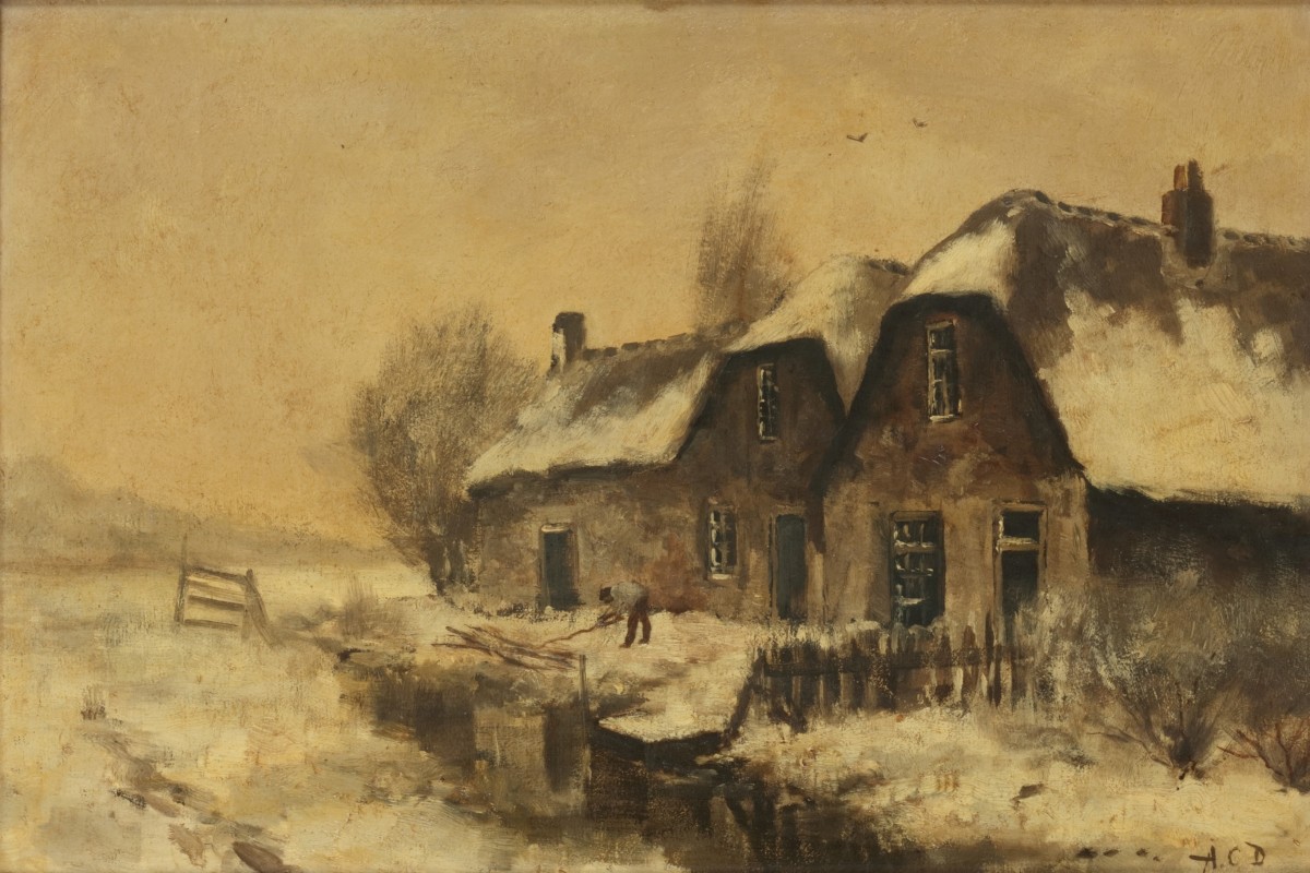 Gesigneerd met initialen ÁCD', Een winterlandschap met een houtsprokkelaar bij een boerderij.