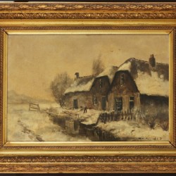Gesigneerd met initialen ÁCD', Een winterlandschap met een houtsprokkelaar bij een boerderij.