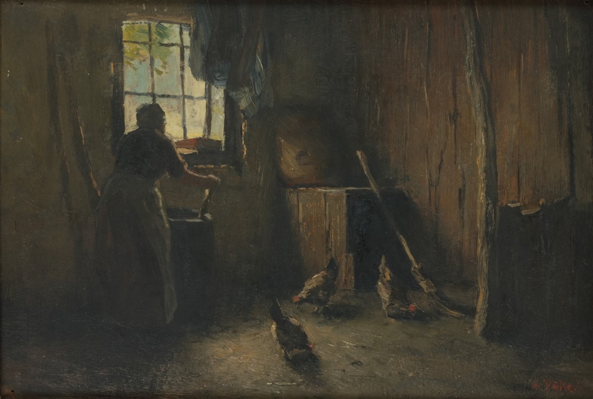 Hollandse Scool ca. 1900, Een boeren interieur met een vrouw bij een watervat..