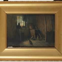 Hollandse Scool ca. 1900, Een boeren interieur met een vrouw bij een watervat..