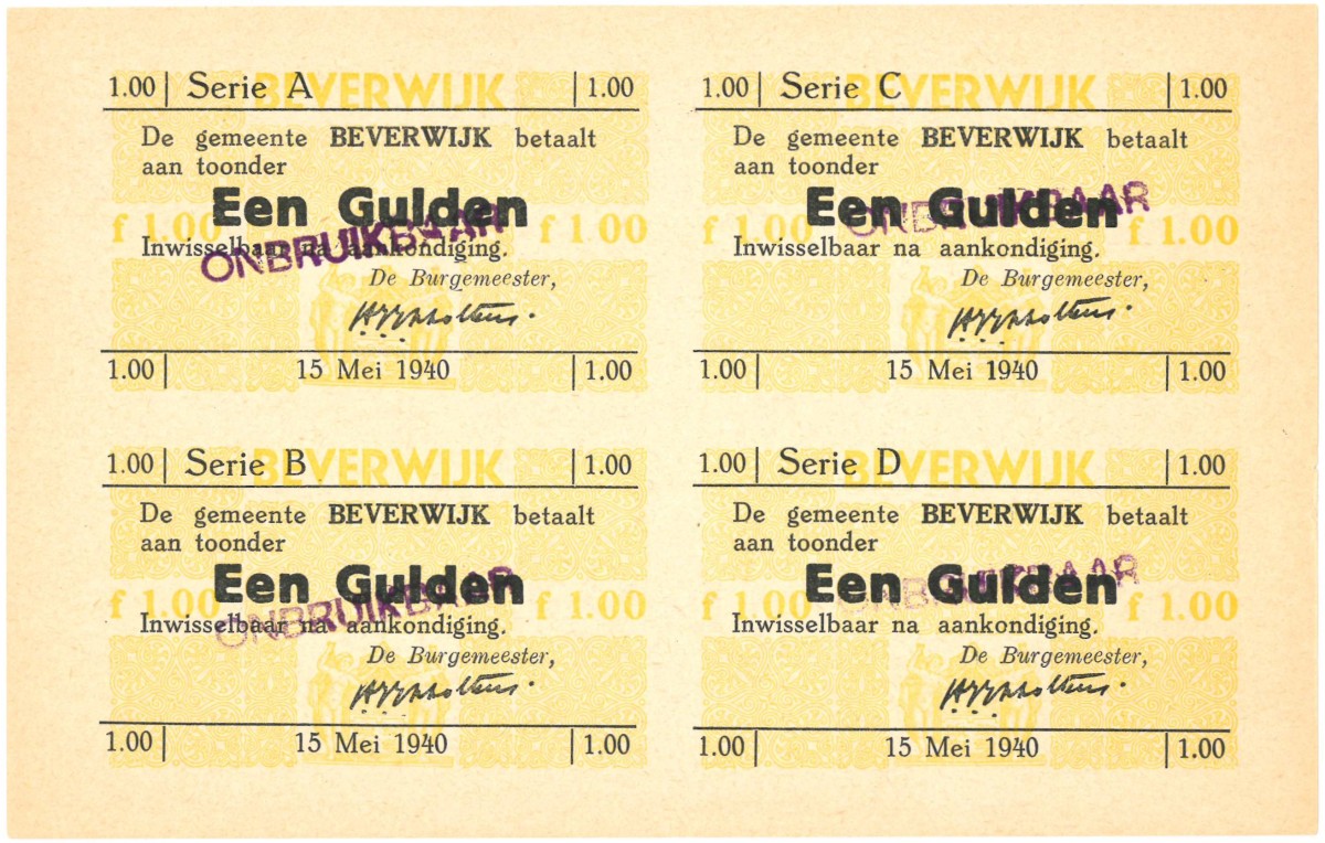 Nederland. 4x 1 gulden. Waardebon. Type 1940. Type Beverwijk. - UNC.
