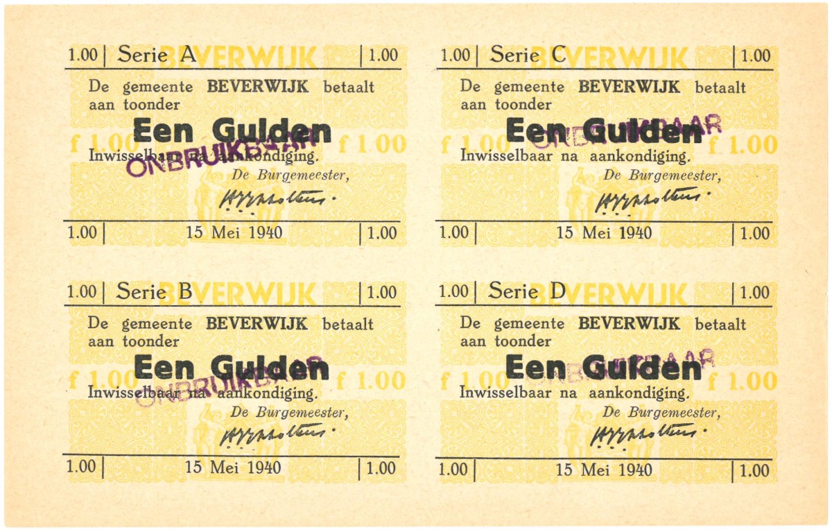 Nederland. 4x 1 gulden. Waardebon. Type 1940. Type Beverwijk. - UNC.