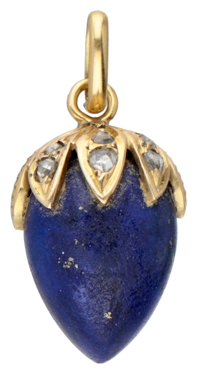 Vintage 14K geelgouden hanger van een lapis lazuli aardbei met diamant.