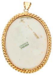 18K Geelgouden Limoges hanger met getordeerde rand en kleurrijke handgeschilderde bloemen.