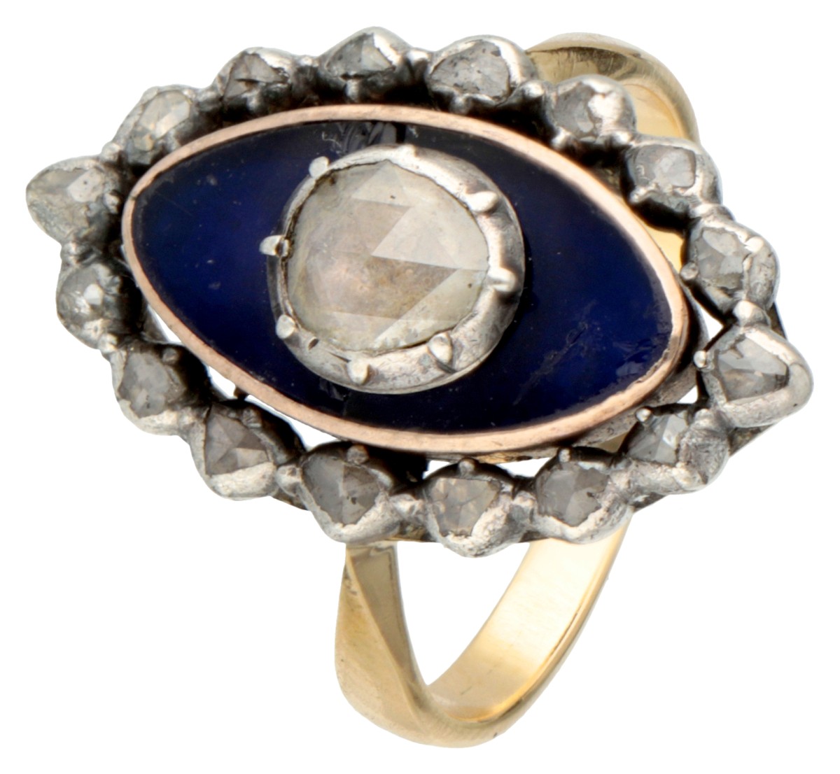 14K Geelgouden navette ring bezet met diamant gezet in zilver op Bristol glas.