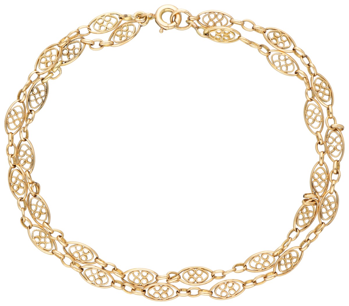 14K Geelgouden Art Nouveau dubbele armband met filigrain schakels.