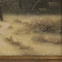 'Gustav' Johann Lange (Mülheim an der Ruhr 1811 - 1887 Düsseldorf), Een boslandschap in winter met wandelaars op een pad.