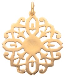 14K Geelgouden opengewerkte hanger met kruismotief en blauw emaille.