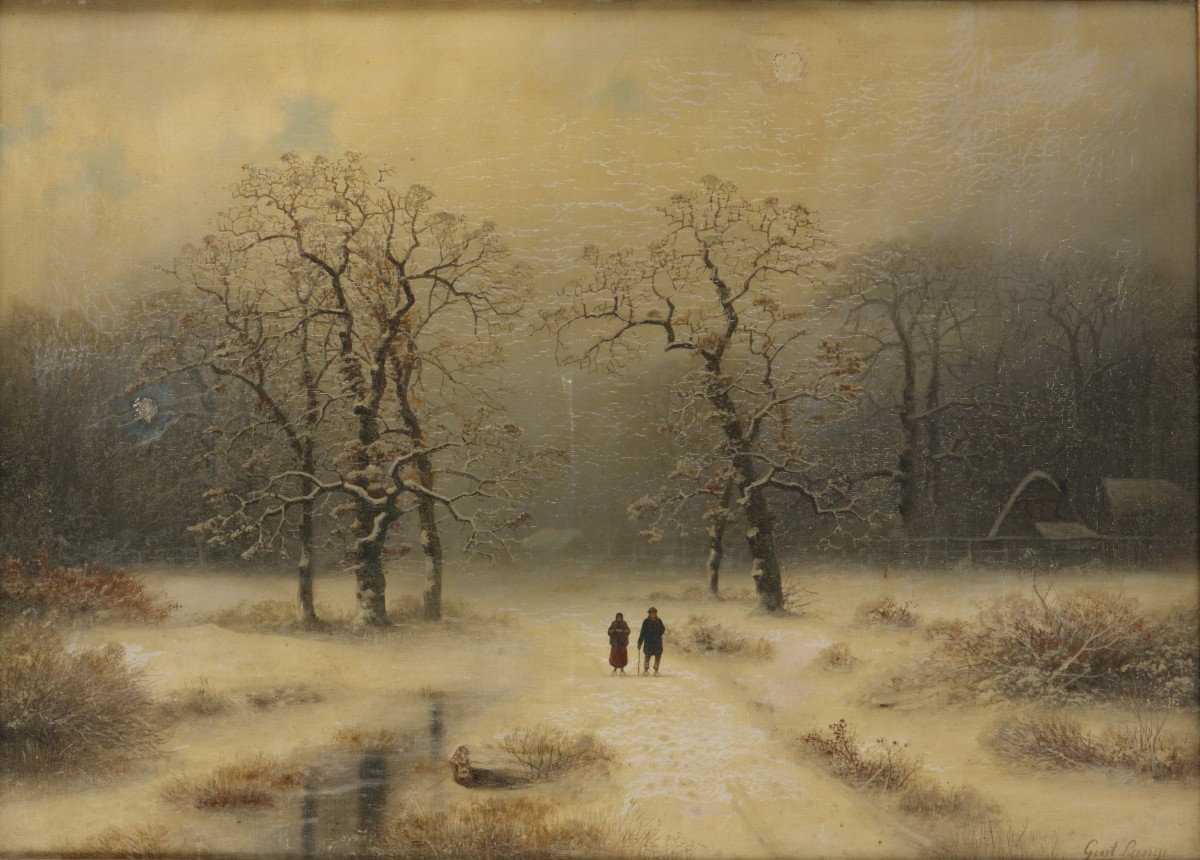 'Gustav' Johann Lange (Mülheim an der Ruhr 1811 - 1887 Düsseldorf), Een boslandschap in winter met wandelaars op een pad.