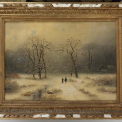 'Gustav' Johann Lange (Mülheim an der Ruhr 1811 - 1887 Düsseldorf), Een boslandschap in winter met wandelaars op een pad.