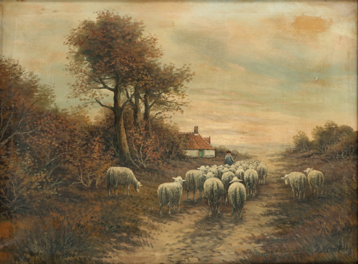 Hollandse School, 20e eeuw. Een schaapskudde met herder.