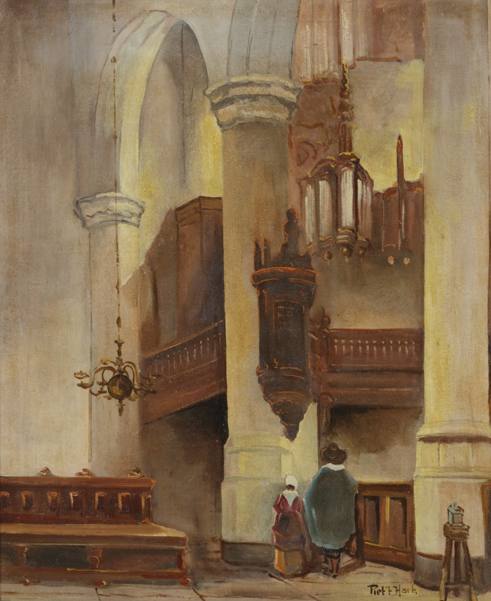 Pieter 't Hart (IJmuiden 1925 - 1987), Een kerkinterieur met figuren.