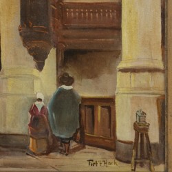 Pieter 't Hart (IJmuiden 1925 - 1987), Een kerkinterieur met figuren.