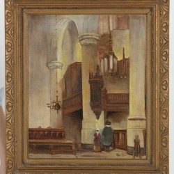 Pieter 't Hart (IJmuiden 1925 - 1987), Een kerkinterieur met figuren.