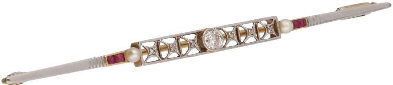 Art Deco broche bicolor goud, met ca. 0.12 ct. diamant, zaadparel en roze siersteen - 18 kt.