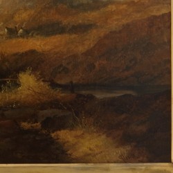 Joseph Horlor (Groot Brittannië 1809 - 1887), Een koehoeder op een stenen brug over en riviertje, een meer in de verte.