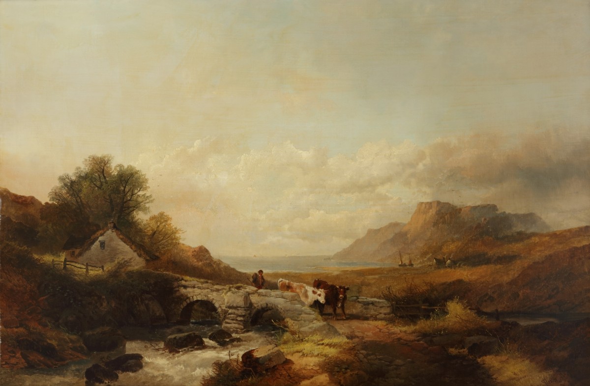 Joseph Horlor (Groot Brittannië 1809 - 1887), Een koehoeder op een stenen brug over en riviertje, een meer in de verte.