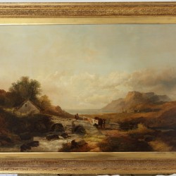 Joseph Horlor (Groot Brittannië 1809 - 1887), Een koehoeder op een stenen brug over en riviertje, een meer in de verte.
