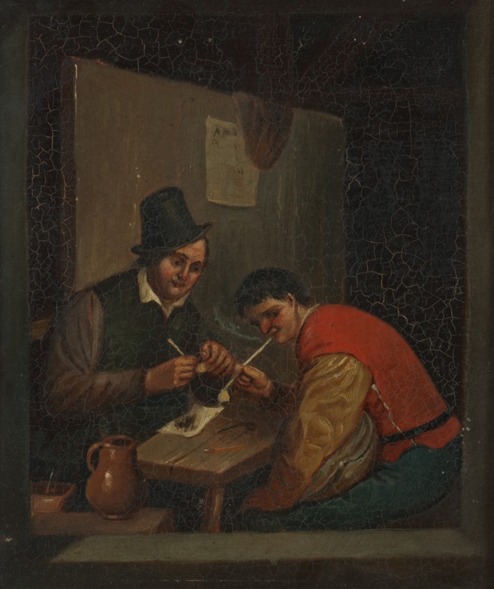 Hollandse School, 1e kwart 20e eeuw. Pijprokers in een herberg interieur