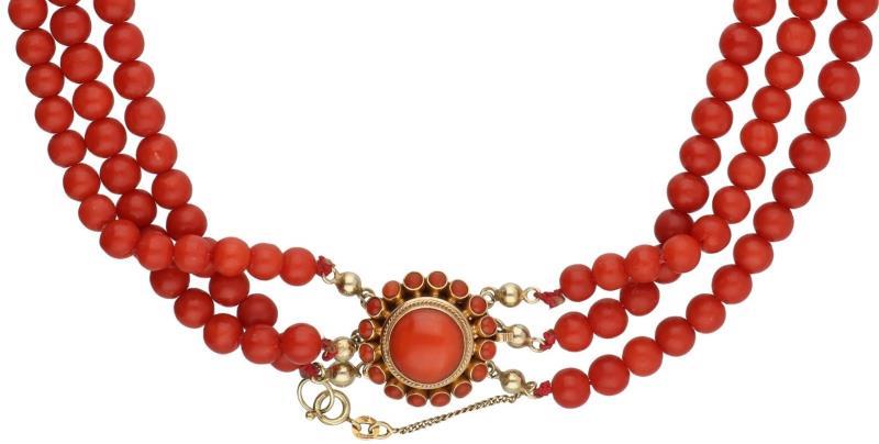 Antiek collier geelgoud, met bloedkoraal - 14 kt.