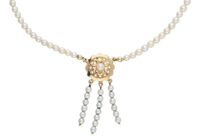 Vintage collier goud/zilver, met cultivé parel - 14 kt. en 925/1000.