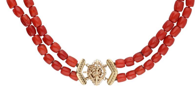Antiek collier geelgoud, bloedkoraal - 14 kt.
