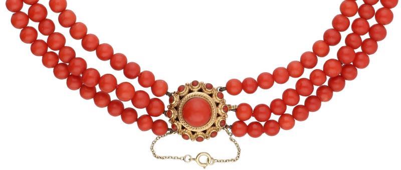 Antiek collier geelgoud, met bloedkoraal - 14 kt.